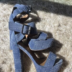 Blue Platform Block Heel Sandals with Ankle Strap